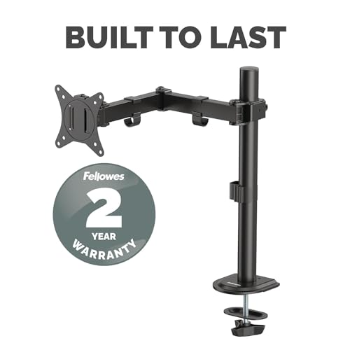 Fellowes Everyday Adjustable Single Monitor Arm – Supports Screens up to 32" Weighing 19.84 lbs, Tilt, Swivel, Rotate, VESA 75/100, Clamp or Grommet Mount, Cable Management - style: Everyday Single Arm