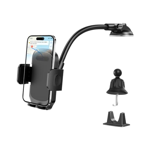 Car Windshield Phone Holder, 14" Gooseneck Strong Suction Cup Dashboard Air Vent Mobile Phone Stand, Hands-Free Auto Interior Dash Window Cellphone Mount, Fits Most 7" Devices (Black) - color: Black