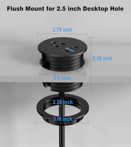 Recessed Power Strip-2 Pack Desk Grommet Power Strip, 2.5 inch Desktop with 20W Fast Charging USB-C Port (Black, 10FT) - color: Black, size: 10FT-2PS