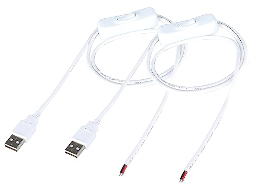 DC 2-pin USB Cable with ON/Off Switch USB 2.0 A Male Plug 2 Pin 2 Bare Wire Charge Cable Connector with Power Switch for 5V-12V PC/LED Desk Lamp/USB Fan/LED Strips[white-2PACK/1M/3.3ft] - color: White