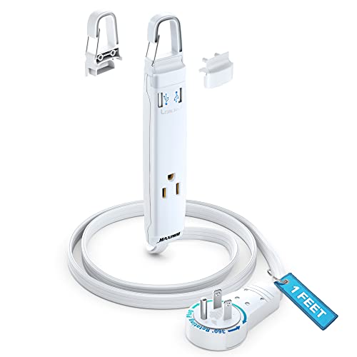 Maximm 1 Ft Extension Cord with USB, 360 Rotating Plug, Hook, White, UL - color: White, size: 1 FT, style: USB-A (with Hook)