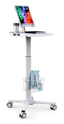 Mount Plus C01 Height Adjustable Mobile Medical Tablet Cart with Wheels and Tablet Enclosure Basket Storage | Medical Trolley for Hospital Clinic Beauty Salon | Pneumatic Mobile iPad Workstation