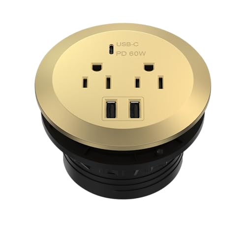 TOPGREENER Gold Desktop Power Grommet, Recessed Power Strip with GaN 60W PD - color: Gold