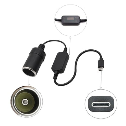 USB C Male to 12V Car Cigarette Lighter Female Power Converter Cable 1FT, USB C 5V to 12V boost power adapter cable, for Driving Recorders, GPS and Other 12W