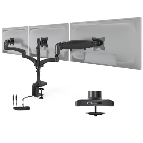 Mount-It! Triple Monitor Desk Stand, USB-A & C, Black - color: Black