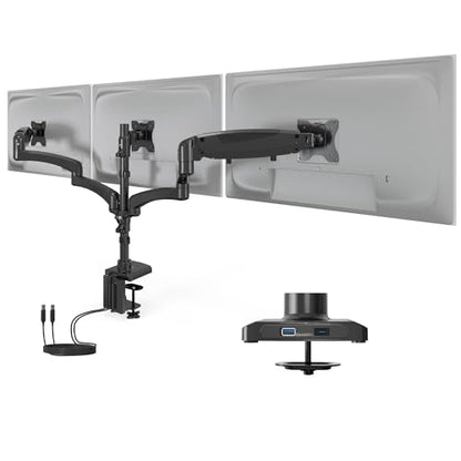 Mount-It! Triple Monitor Desk Stand, USB-A & C, Black - color: Black
