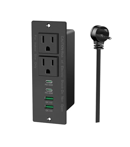 45W USB C Recessed Power Strip, Recessed Outlet with 4 USB Ports, Flush Mount Furniture Hidden Drawer Fast Charging Station for Home Office-6FT - color: Black, size: 45W
