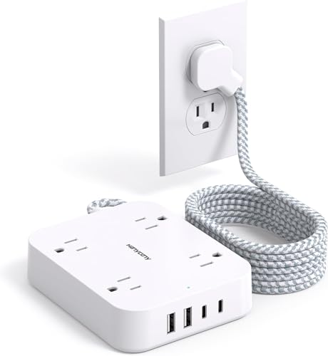 10 Ft Extension Cord, Flat Power Strip with 4 Outlets 4 USB Ports (2 USB C) - color: White, size: 10 Ft