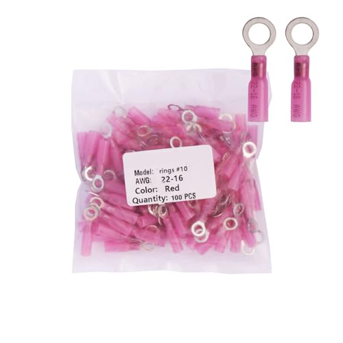 100pcs #10 Pink Heat Shrink Ring Connector,AWG 22-16 Gauge Tinned Red Copper 0.7mm Ring Terminals Connectors Reliable Connection for Easy Electrical Wiring - color: Pink, size: rings #10