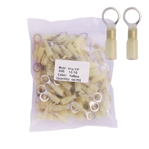 100pcs 3/8" Yellow Marine Grade Heat Shrink Ring Connectors, AWG 12-10 Gauge Tinned Red Copper 0.7mm Ring Terminals Connectors – Stable Connection, Efficient Protection - color: Yellow, size: Ring 3/8"