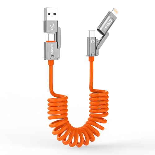 AGVEE 5ft 4-in-1 Coiled Multi Charging Charger Data Transfer Cable - color: Orange, size: 5ft