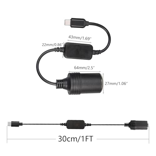 USB C Male to 12V Car Cigarette Lighter Female Power Converter Cable 1FT, USB C 5V to 12V boost power adapter cable, for Driving Recorders, GPS and Other 12W