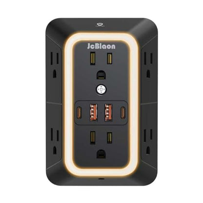 Wall Outlet Extender with Night Light, Power Plug Adapter 6 Outlet Extender with 4 USB Charging Ports（2 USB C）,1050J Power Strip Multi Plug Adapter Spaced for Home Office Travel-Black-ETL - color: Black-1Pcs