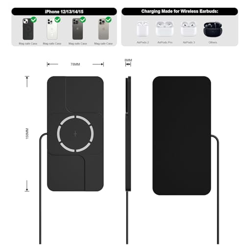 Wireless Charger Car Magnetic Charging pad Fast Wireless Phone Charger Cell Phone Cordless Charging mat Compatible with iPhone 16/15/14/13/12, Airpods Earbuds(C11MAG)