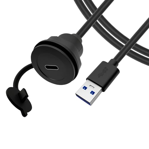 USB A 3.0 to USB C Panel Mount Extension Cable USB3.0 Male to Type C Female Threaded Fixed Mount Cable Embedded Waterproof Round Converter, 5V/2A 5Gbps, Black (1M/3.3Ft) - style: 1M/3.3Ft