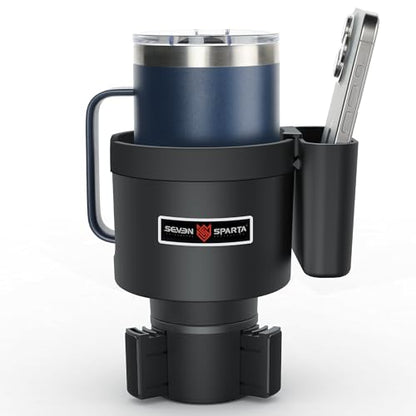 Seven Sparta Cup Holder Expander with Phone Holder & Cable Access, 3-in-1 Car Organizer, Side Storage Box for Phone/Cards, Compatible with Yeti, Owala, Hydro Flasks & Large Bottles Mugs in 3.4"-3.8"