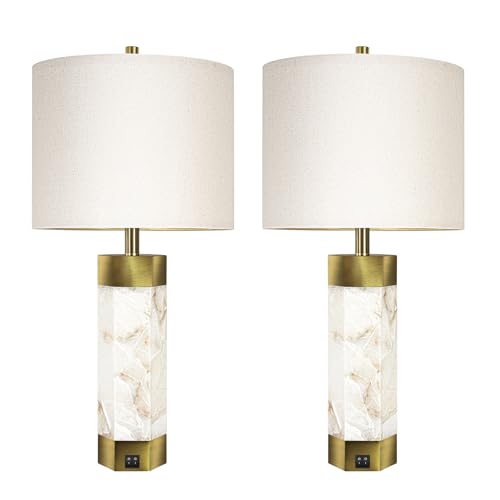 Scenekoy 27" Alabaster Table Lamps Set of 2,Table Lamp with Night Light - color: Pure White