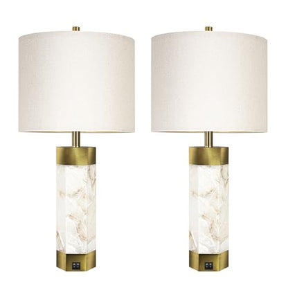 Scenekoy 27" Alabaster Table Lamps Set of 2,Table Lamp with Night Light - color: Pure White