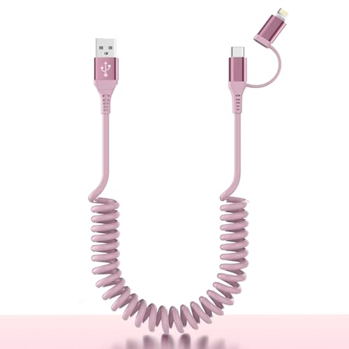 Pink Carplay Cable - USB-A to USB-C & Lightning 2-in-1 Coiled Charging Cable for iPhone 17/16/15/14/13/12, 3A Fast Charge & 480Mbps Data Sync Support CarPlay & Android Auto Pink Car Accessories