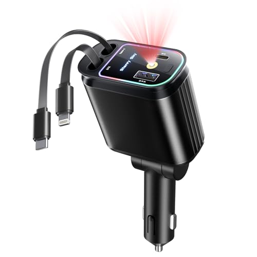 Starlight Retractable Car Charger with Retractable Cables, Starlight in Car Roof 4 in 1 Super Fast USB C Car Phone Charger, 2 USB Ports Starry Sky Adapter, Compatible with iPhone 17 16 15 14 - color: Deep Black