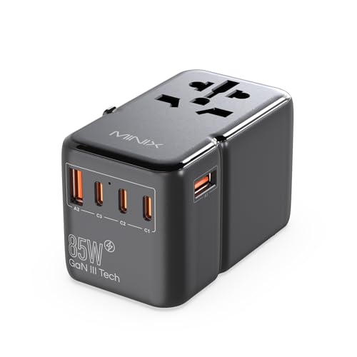 MINIX 85W Universal Travel Adapter, GaN III International Power Adapter, 3 USB-C 2 USB-A Ports, AC Outlet, Worldwide US/UK/EU/AU Travel Charger for Laptops Tablets Phones and More - style: 85W-Fast Charge