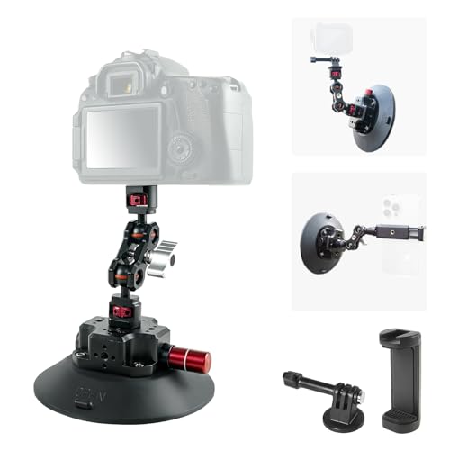 CNC Machined 6in Suction Cup Camera Mount with Ball Head Magic Arm, 1/4" ARRI Holes, Quick Release Car Mount with Phone Holder & Action Camera Adapter Compatible with DJI OSMO Pocket 3 Insta360 iPhon - style: 6in