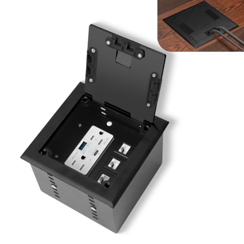 Recessed Flat Hidden Socket Kit with 15A Duplex Tamper, 1 x 65W PD Type-C Port, and 1 x 6.5A Quick Charge USB-A Port,+3-Port RJ45 Datacom Receptacle. Internal Height Adjustable,Black - color: Black, size: 15A 65W PD