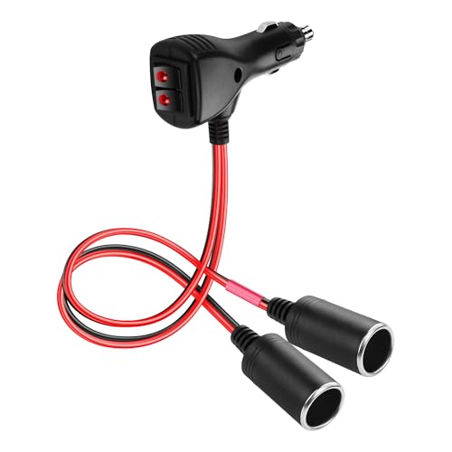 SinLoon 12V Car Cigarette Lighter Splitter Adapter with 2 Independent Switches 16AWG Cigarette Lighter 1 Male to 2 Female Sockets Y Splitter Power Cable with 15A Fuse 0.3M/1FT