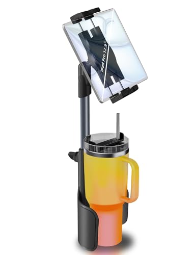 3 in 1 Tablet Holder for Car Bottle, 360°Rotatable & Aluminum Telescopic Arm Sturdy Rod Cup Holder Tablet Mount for iPad Pro 12.9/11/10.5/9.7/Air/Mini 6/5/4, iPhone 17/16/Pro, 4.7-12.9" Tab & Phone