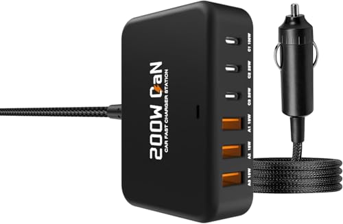 200W USB C Car Charger, 6 Port Multi Fast Charging Car Charger with PD 100W 3.0 PPS, Laptop Car Charger Compatible with MacBook, Galaxy S26/S25, Dell, HP& Other Electronics - Simultaneous Charging