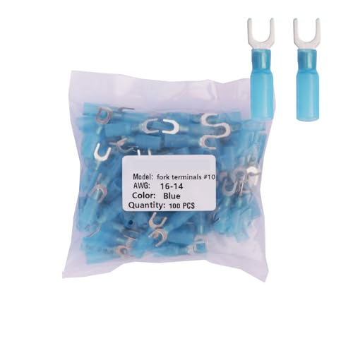 Fidioto 100pcs #10 Blue Heat Shrink Fork Terminal connectors,16-14 Gauge Insulated Electrical Crimp Wire Terminals for Motorcycles,Automobiles,Tractors,Boats,etc - color: Blue, size: fork terminals #10