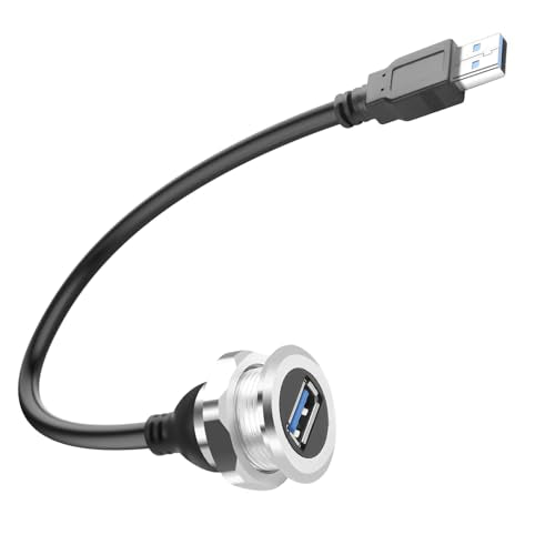 QIANRENON USB3.0 Threaded Fixed Mount Short Cable Connector Al Shell USB 3.0 Type A Male to Female Embedded Mount Cable Adapter 5Gbps 5V/2A Charging, Mount on RV Car Dashboard Panel, 30cm/11.8in