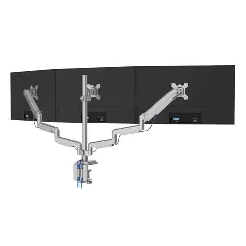 Mount-It! Triple Monitor Mount with Gas Spring Arms, Fits 24–32 Inch Screens, USB & Audio Ports, Full Motion Desk Stand with Tilt, Swivel & Rotation, Heavy Duty Silver 3 Screen Arm with Clamp - color: Silver
