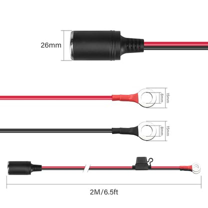 12V Car Cigarette Lighter to O Ring Terminal，14AWG Cigarette Lighter Female Socket to 8mm (0.3inch) Terminal Ring Harness, with 20A Fuse（2M/6FT）
