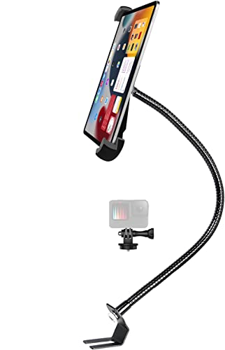 Car Seat Rail Tablet Mount for Truck, Aluminum Gooseneck Car Floor Bolt Tablet Holder Camera Clamp with 1/4'' Screw Adapter for Taxi, Van, Vehicle, Semi, SUV for iPad Pro/Air, Tabs, Gopro (9.5-14.5”)