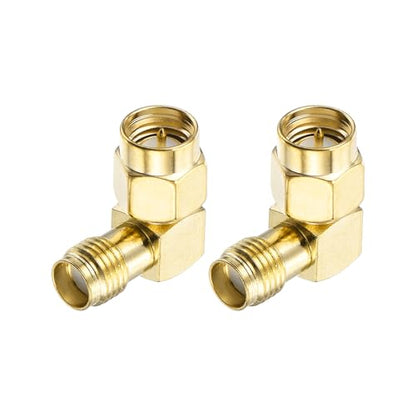 MECCANIXITY 2Pcs 90° Type SMA Right Angle Adapter SMA Male to Female Adapter Converter 50 Ohm for Antennas, Signal Monitoring, Test Bench, Router, Car Navigation, Gold