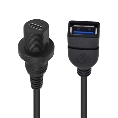Duttek USB Type C to USB3.0 Panel Flush Waterproof Cable, USB 3.0 Female to Type C 3.0 Female Car Mount Dash Flush Waterproof Extension Cable for Car, Boat, Motorcycle (1FT/30CM) - style: USB C Feamle to USB 3.0 Female