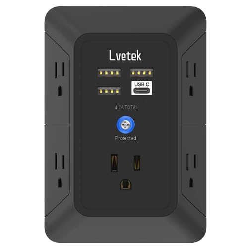 Surge Protector Outlet with 5-Multi Plug Outlet and 4 USB Ports (1 USB C), 3-Sided 1680J Power Strip Wall Charger for Home, Travel, Office - ETL Listed, Black - color: Black, size: 3U1C
