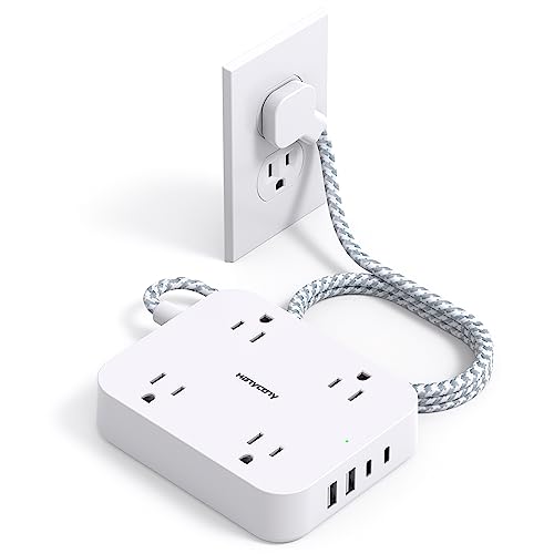 Flat Plug Extension Cord, 4 Widely Power Strip with 4 USB Ports(2 USB C) - color: White, size: 5 Ft