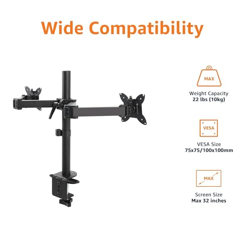 Amazon Basics Adjustable Dual Monitor Desk Mount, Supports up to 32 inch Monitors and 22 lbs per Arm, Adjustable Tension, VESA 75x75/100x100, Black - size: Dual, style: AdjustableMonitorArm