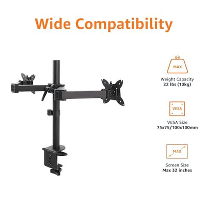 Amazon Basics Adjustable Dual Monitor Desk Mount, Supports up to 32 inch Monitors and 22 lbs per Arm, Adjustable Tension, VESA 75x75/100x100, Black - size: Dual, style: AdjustableMonitorArm
