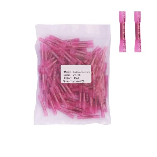 100PCS Pink Heat Shrink Butt Connectors AWG22-16（0.33-1.25mm² Wire, Waterproof Heat Shrink Wire Connectors,Tinned Copper 0.8mm,Insulated Crimp Butt Splice Electrical Connectors - color: Pink, size: butt connectors