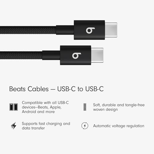Beats USB-C to USB-C Woven Cable Fast Charging Durable/Tangle-Free Compatible Charger for Apple & Android Devices (1.5 m, 5 ft) - Bolt Black - color: Bolt Black, size: 5 ft, style: USB-C to USB-C