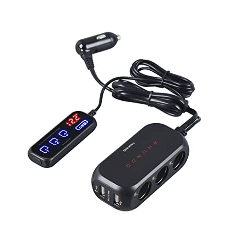 RS-21S 3-Way Car Cigarette Lighter Splitter/Adapter/Charger + 2 USB 3.4Amp, with Remote Touch Sensor Switch and USB Thermometer Cable