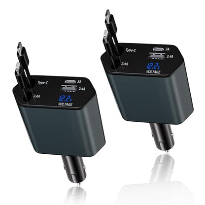 66W Retractable Car Charger Fast Charging,4 in 1 Car Charger USB Fast Charge with Retractable USB C Cable + Lightning Cable,USB C Port and USB A Port Car Phone Charging for iPhone 17/16/15/14/13,iPad