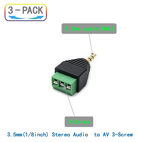3-Pack 3.5mm 3 Pole TRS Stereo AV Male to 3-Screw Terminal 1/8 Inch TRS Stereo Male Plug to 3-Pole Screw Block Soldless Repair Adapter for AUX Cable and IR Extension Cable