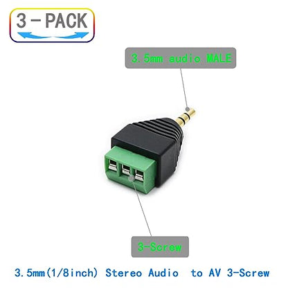 3-Pack 3.5mm 3 Pole TRS Stereo AV Male to 3-Screw Terminal 1/8 Inch TRS Stereo Male Plug to 3-Pole Screw Block Soldless Repair Adapter for AUX Cable and IR Extension Cable