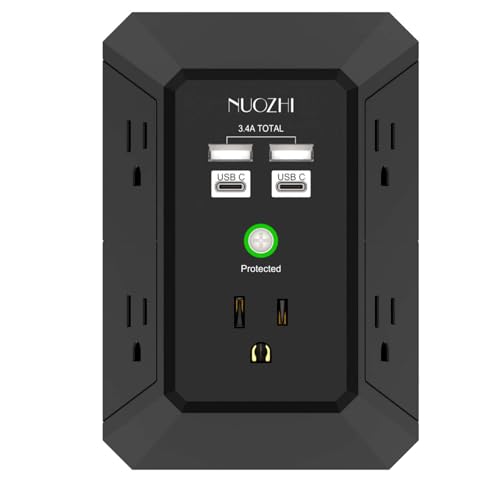 Wall Charger, Surge Protector, NUOZHI 5 Outlet Extender with 4 USB Charging Ports(2USB-C), 3-Sided 1680J Power Strip Multi Plug Adapter Spaced for Home Travel Office, Black - color: Black(Non-Night Light), size: 5 Outlets