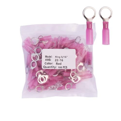100pcs 5/16" Pink Heat Shrink Ring Connectors,AWG22-16 Gauge Tinned Red Copper 0.7mm Ring Terminals Connectors,Brazed-Seam Insulated Electrical Crimp Wire Terminals - color: Pink, size: Ring 5/16"