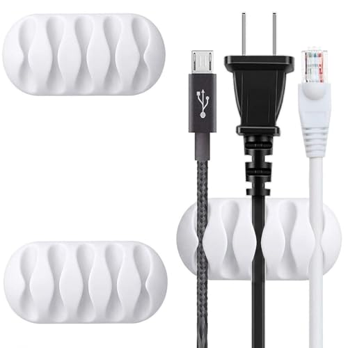 Desk Cable Management Cord Organizer, 2 Pack White TPR Self Adhesive Cord Holder Cable Clips, Ideal Cable Organizer Wire Keeper for Desk, Nightstand, Phone Charger, Computer, Home, Office, Car